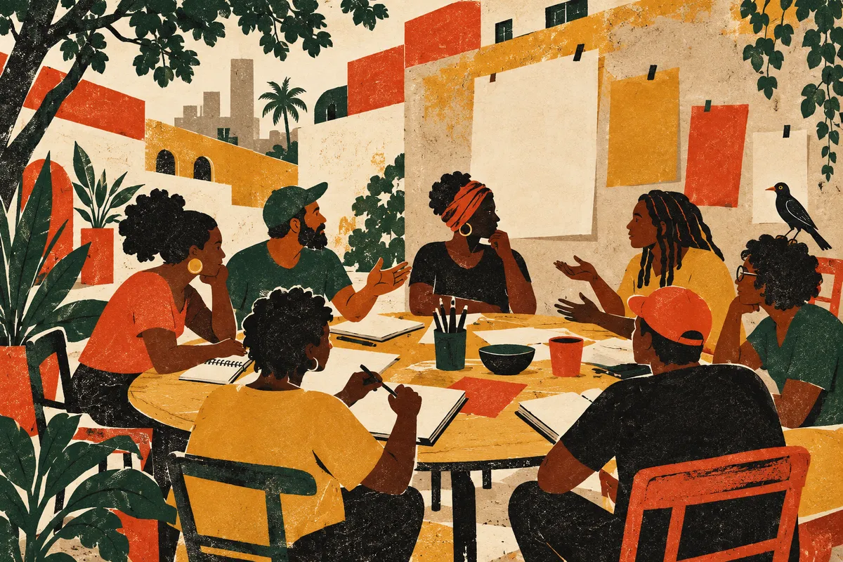 Ilustração de uma roda de conversa, com cadernos e materiais sobre a mesa